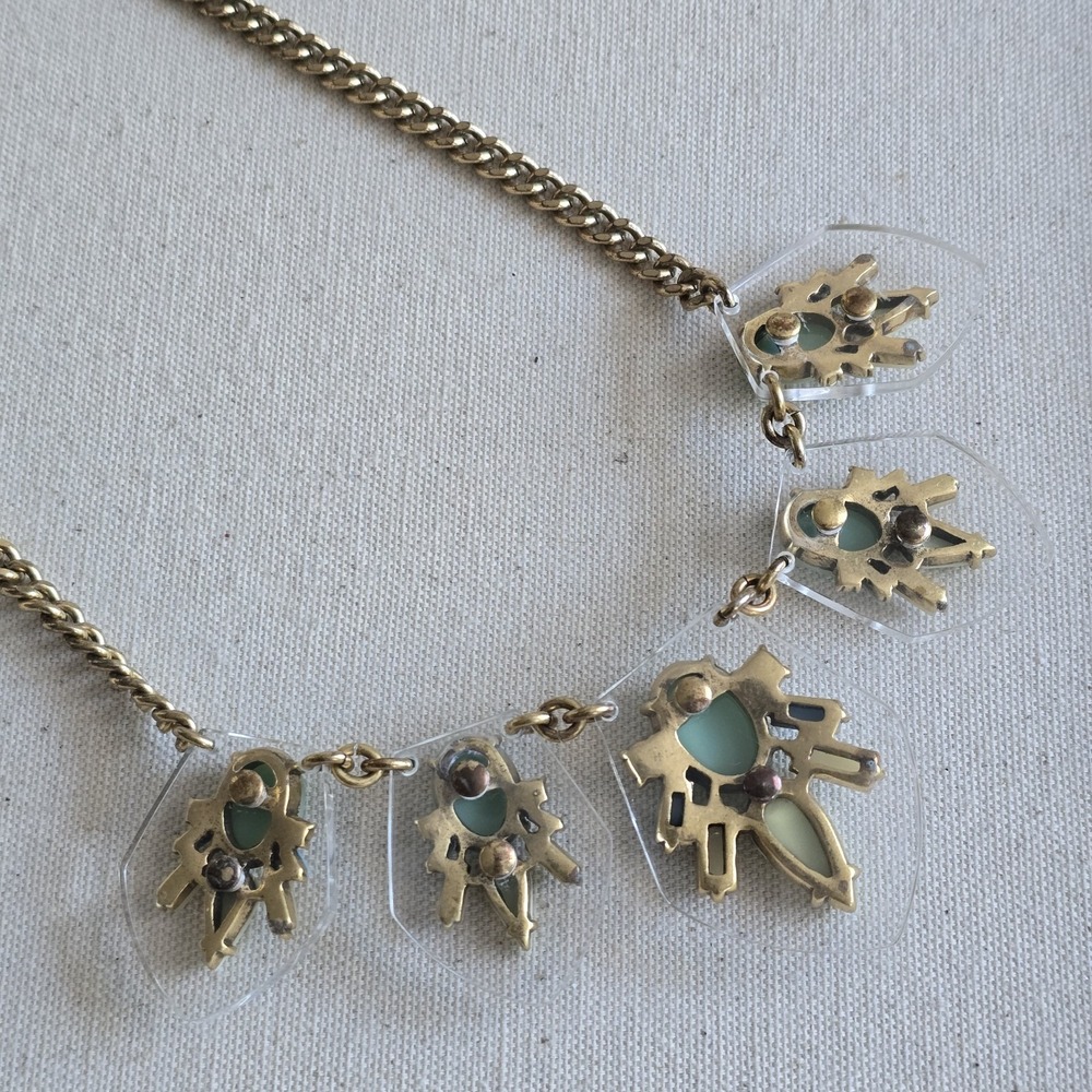J.Crew Statement Necklace Mint Green‎ Blue Beige Crystal Faceted Resin Gold Tone - Picture 11 of 11